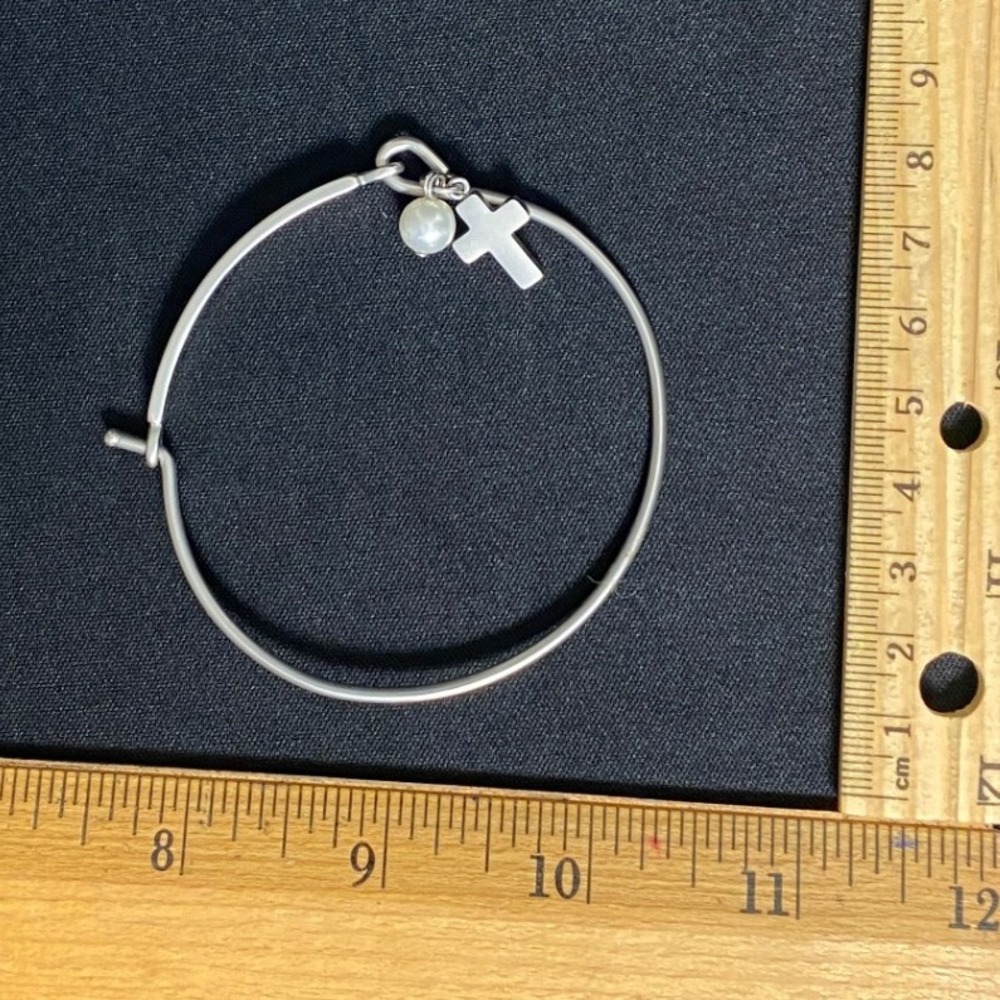 Silver Tone Bangle Bracelet with Cross Charm‎ Adjustable